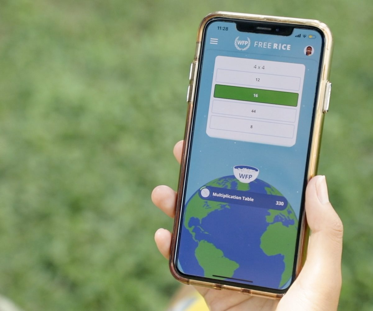 A player solves math problems in the World Food Programme's Freerice game