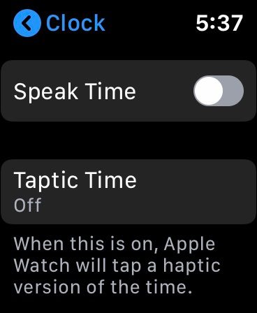 WatchOS 6's Clock menu with Taptic Time visible.
