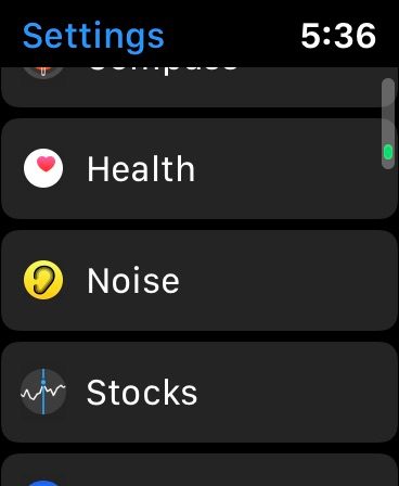 WatchOS 6's Health menu with Noise app visible.