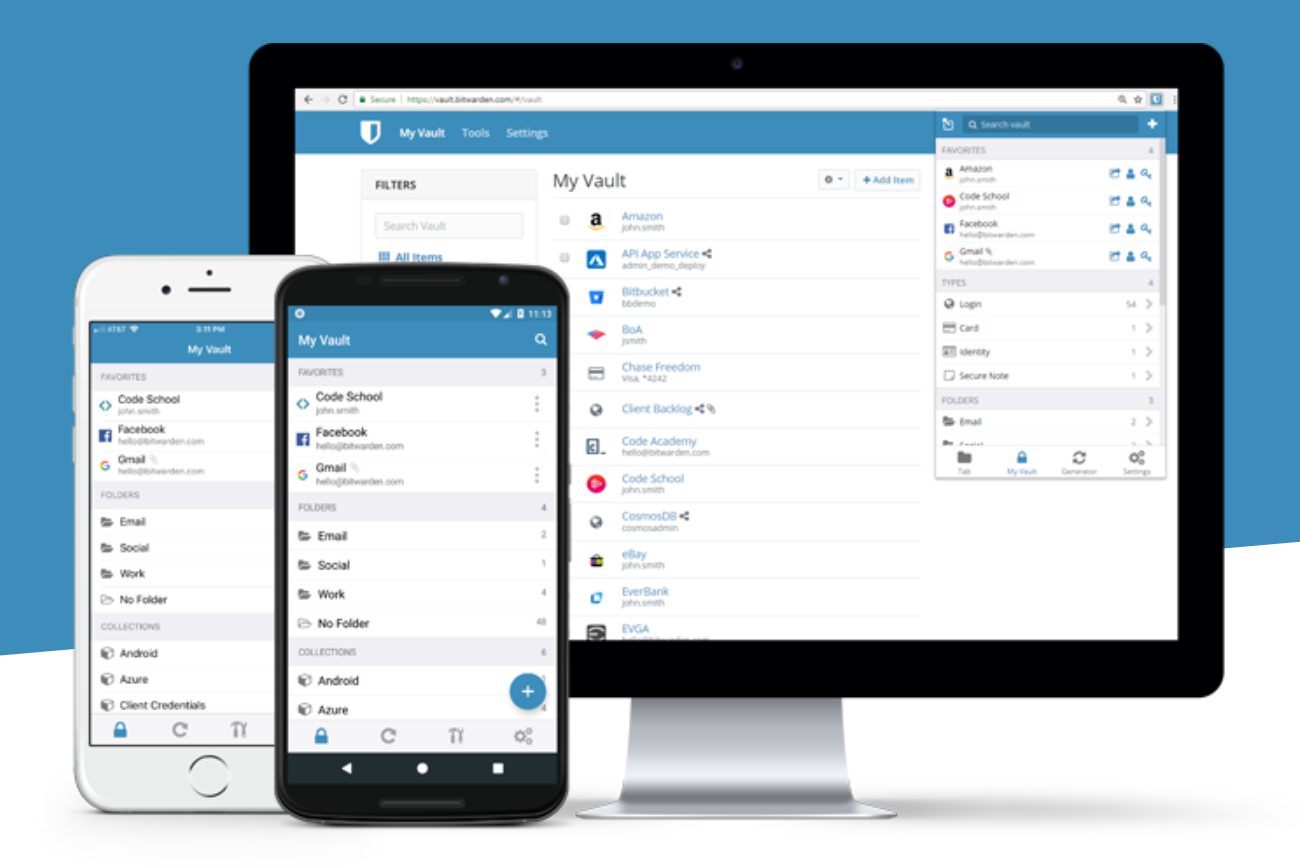 Various Bitwarden app images as it is being used/displayed on various devices, mobile and desktop.