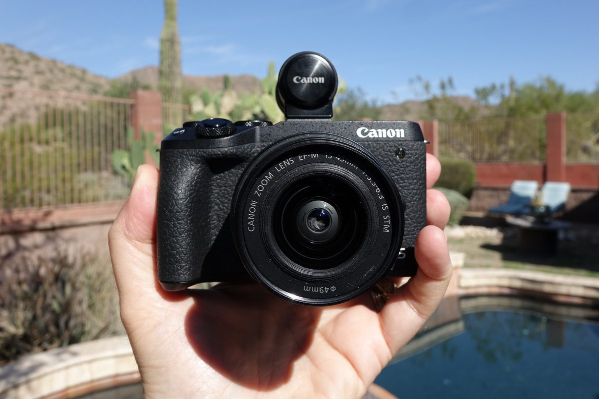 Canon EOS M6 Mark II front with EVF-DC2