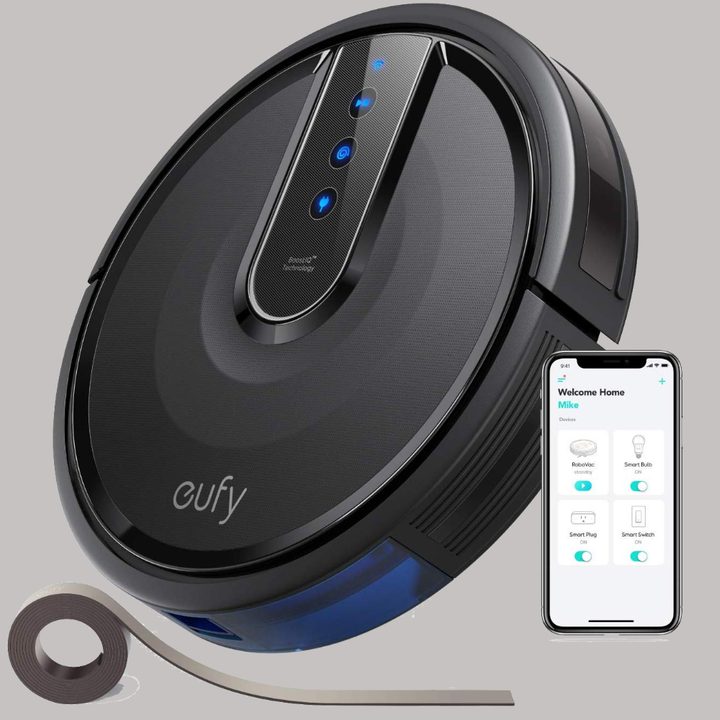 The Eufy RoboVac 35C robot vacuum with its smartphone app on display.