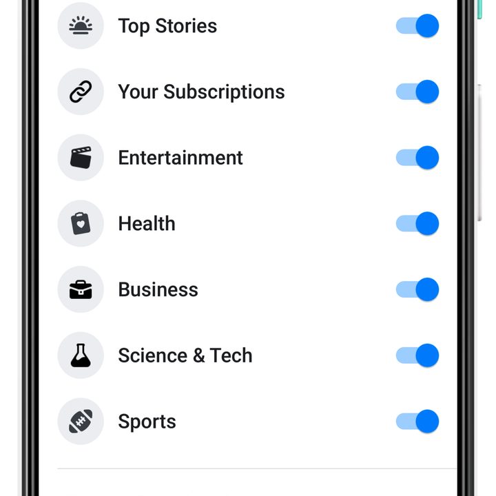 Facebook News tab settings section