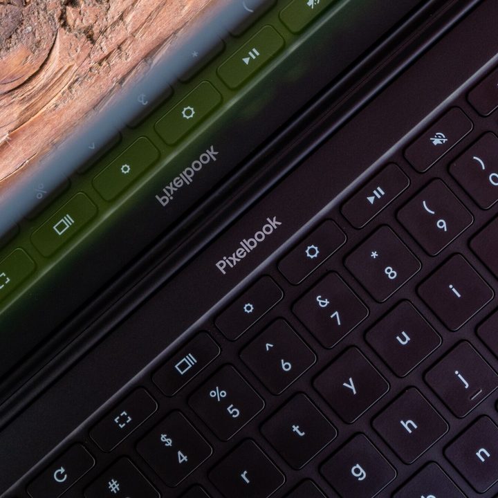 Google Pixelbook Go logo displayed on the Pixelbook Go keyboard.