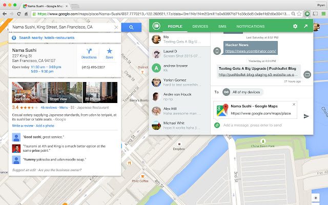Pushbullet on MacOS screenshot showing the browser extension in use.