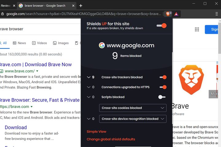 Brave browser blocks Google