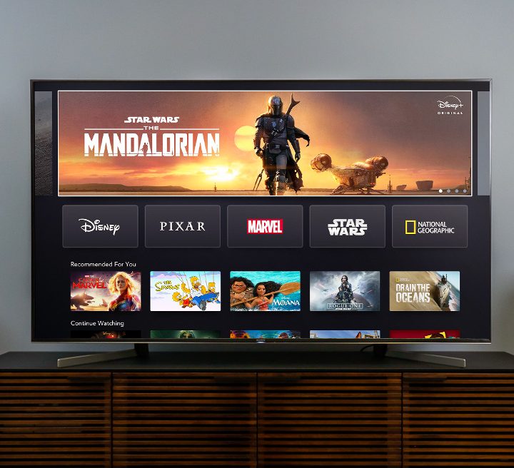 The Disney+ home screen on a TV.