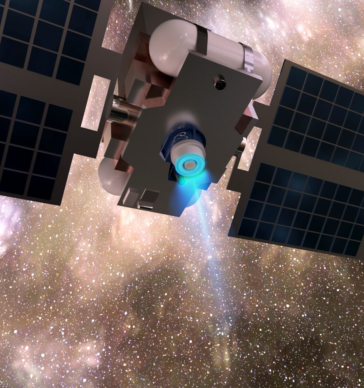 A rendering of a smallsat powered by an Orbion plasma thruster.