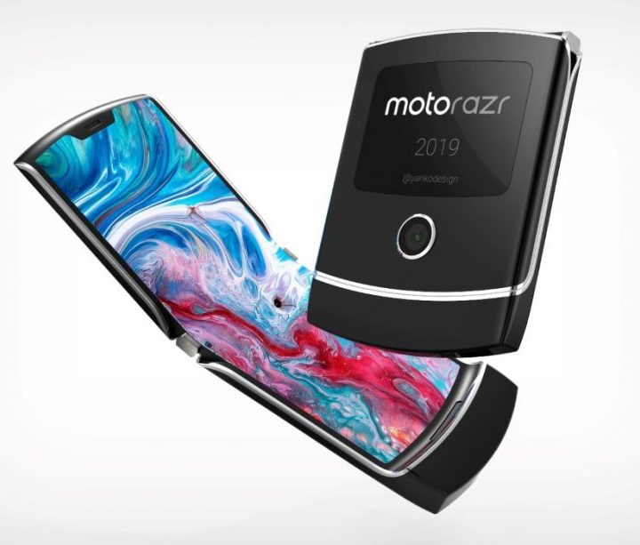 Moto Razr 2019 shown closed displaying the date and open with a vibrantly colored screen.