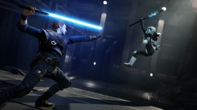 A Jedi force pushes a sotrmtrooper in Star Wars Jedi: Fallen Order.