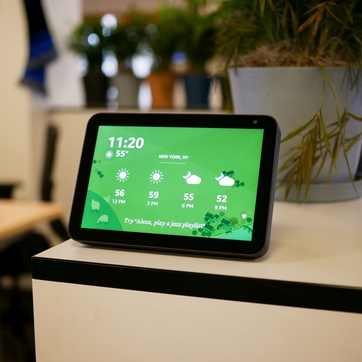 Amazon Echo Show 8 placed on shelf.