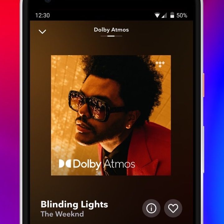 Tidal interface showing The Weeknd's Blinding Lights in Dolby Atmos.