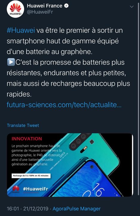 A now deleted tweet from Huawei France claiming the Huawei P40 will have a graphene battery