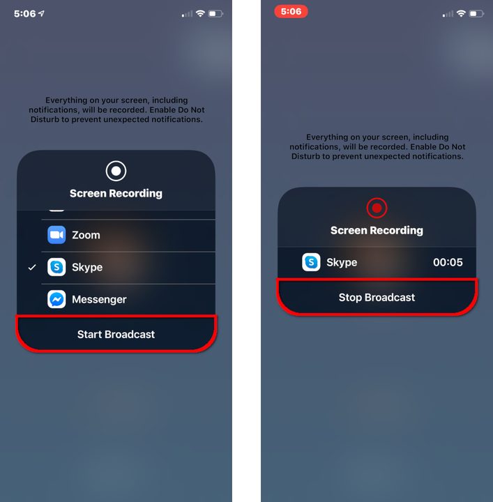 Skype iPhone Start Stop Broadcast
