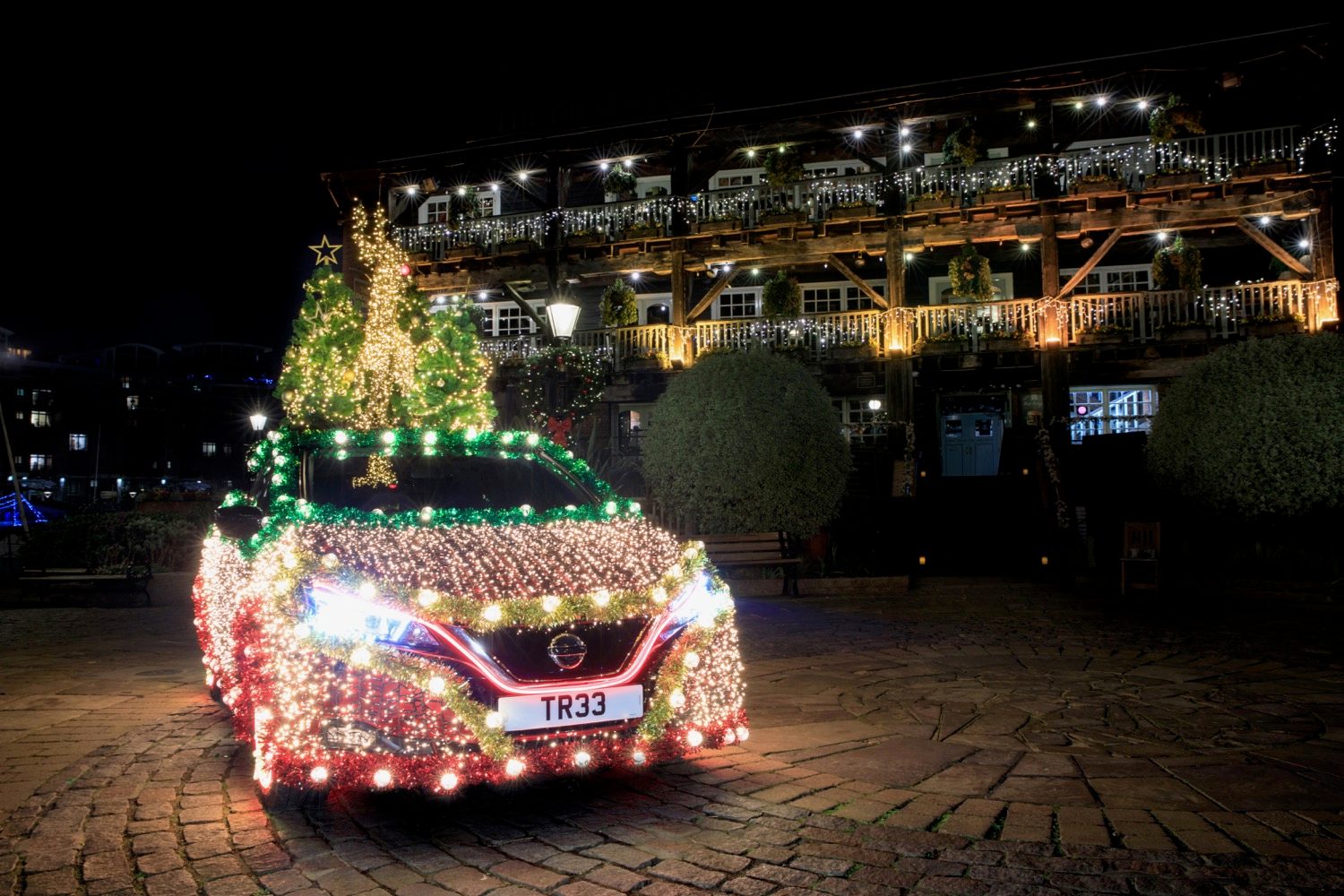 nissan leaf electric car turned into mobile christmas tree