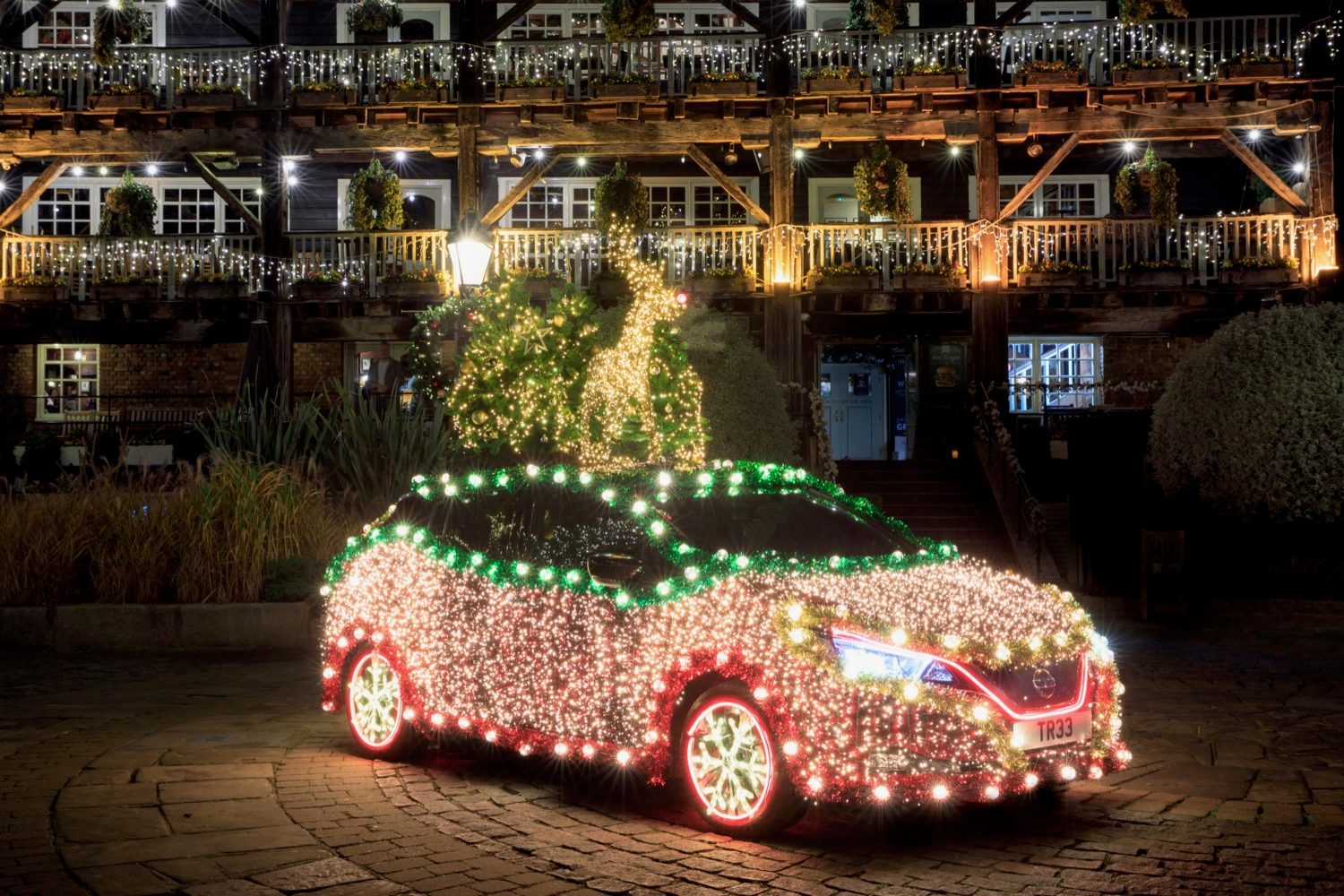 nissan leaf electric car turned into mobile christmas tree