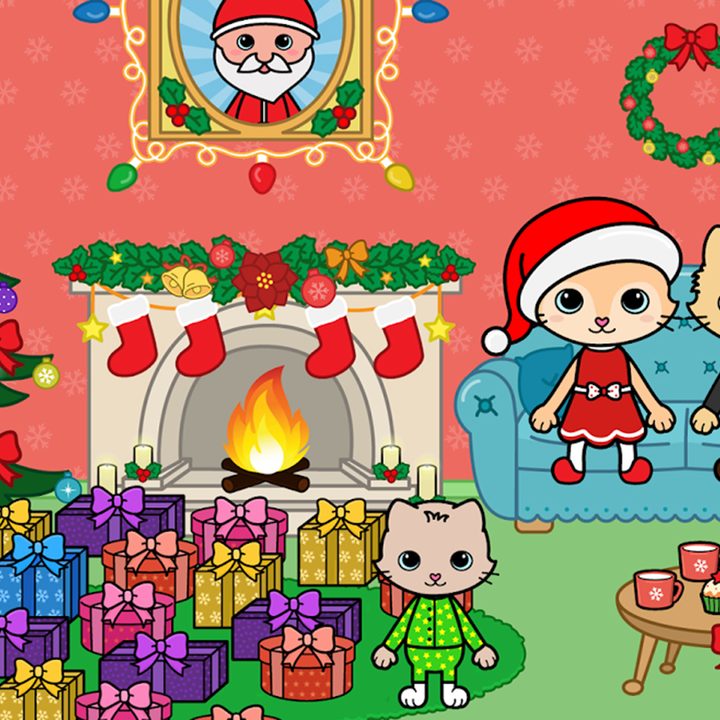 Yasa Pets Christmas app with puss family at the Xmas tree and fireplace.