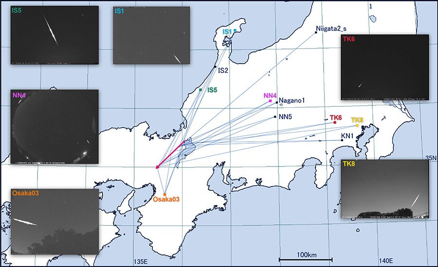 Images capturing the 2017 fireball from different angles and a map showing where the cameras were located.