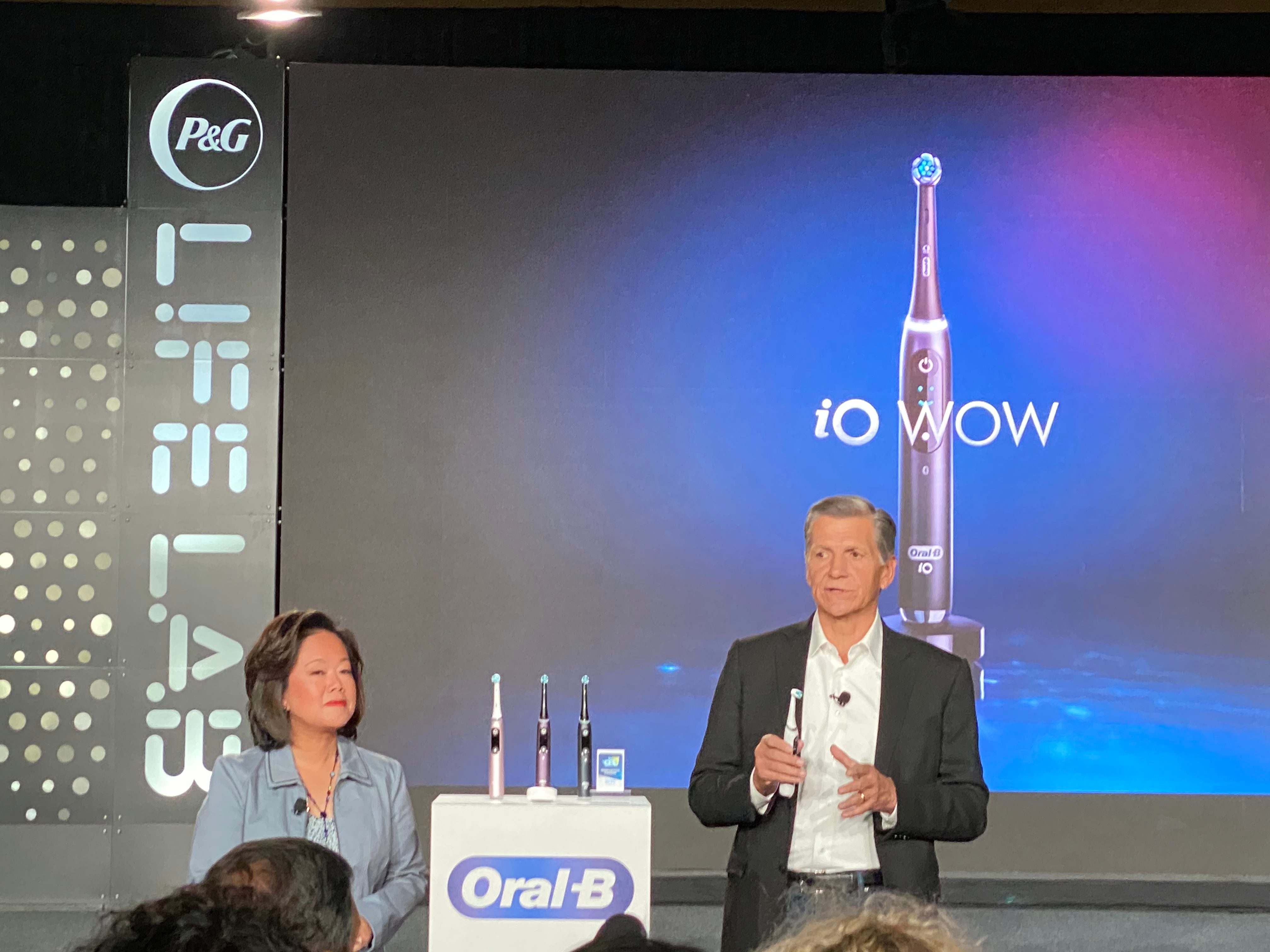 Marc Pritchard, chief brand officer, and Fama Francisco, CEO of baby and baby care products, show off the latest advancement from Oral-B at the CES 2020 show. 