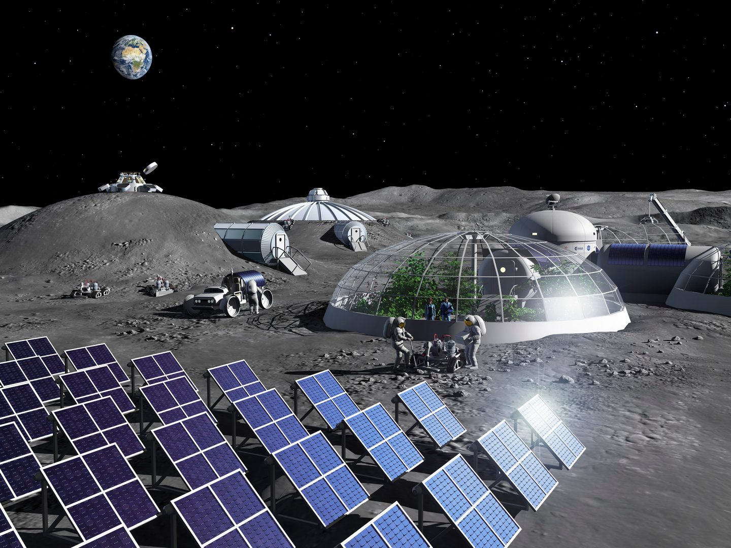 Artist impression of activities in a Moon Base.
