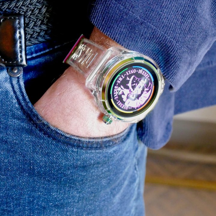 A person wearing the Diesel On Fadelite X Mad Dog Jones smartwatch.
