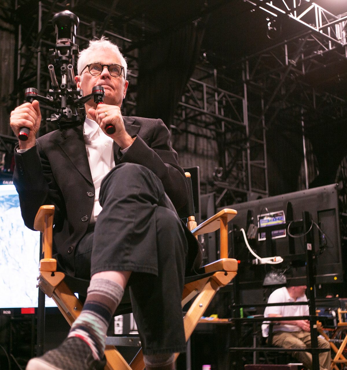 Cinematographer Caleb Deschanel holding a VR camera on the set of Lion King