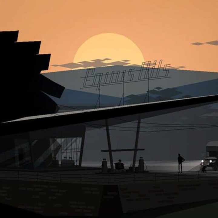 A gas station at sunset in Kentucky Route Zero.