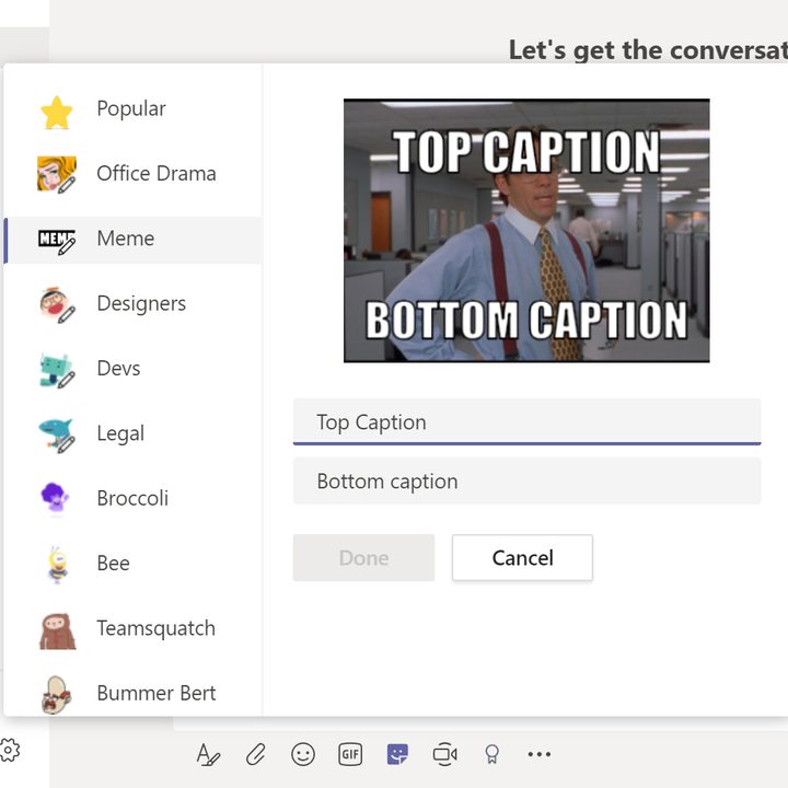 Close-up of Microsoft Teams Meme Generator feature.
