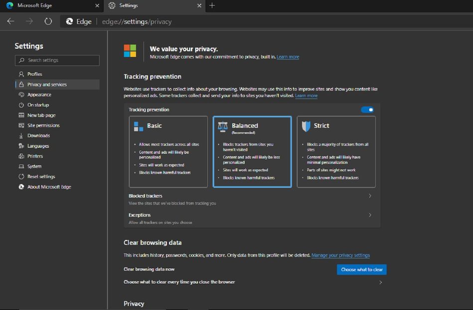 new microsoft edge privacy settings screenshot