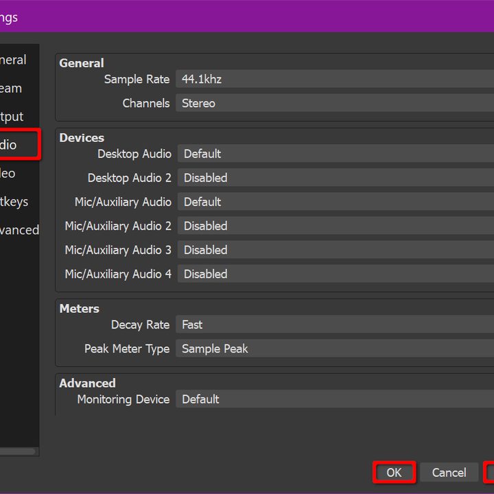 Changing audio settings in OBS screenshot.