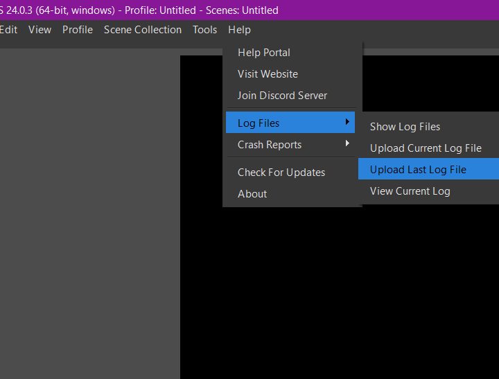 Selecting the OBS Upload Last Log File option from the Help menu screenshot.