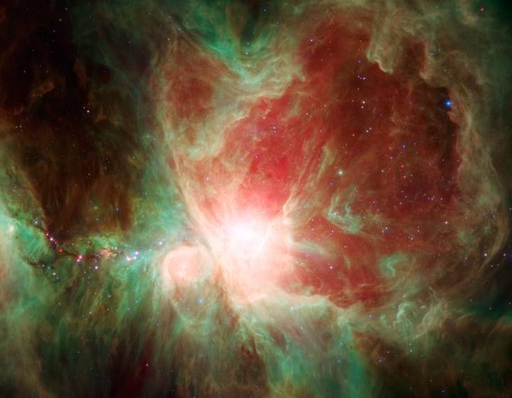 Few cosmic vistas excite the imagination like the Orion Nebula, an immense stellar nursery some 1,500 light-years away. This stunning false-color view spans about 40 light-years across the region, constructed using infrared data from the Spitzer Space Telescope.