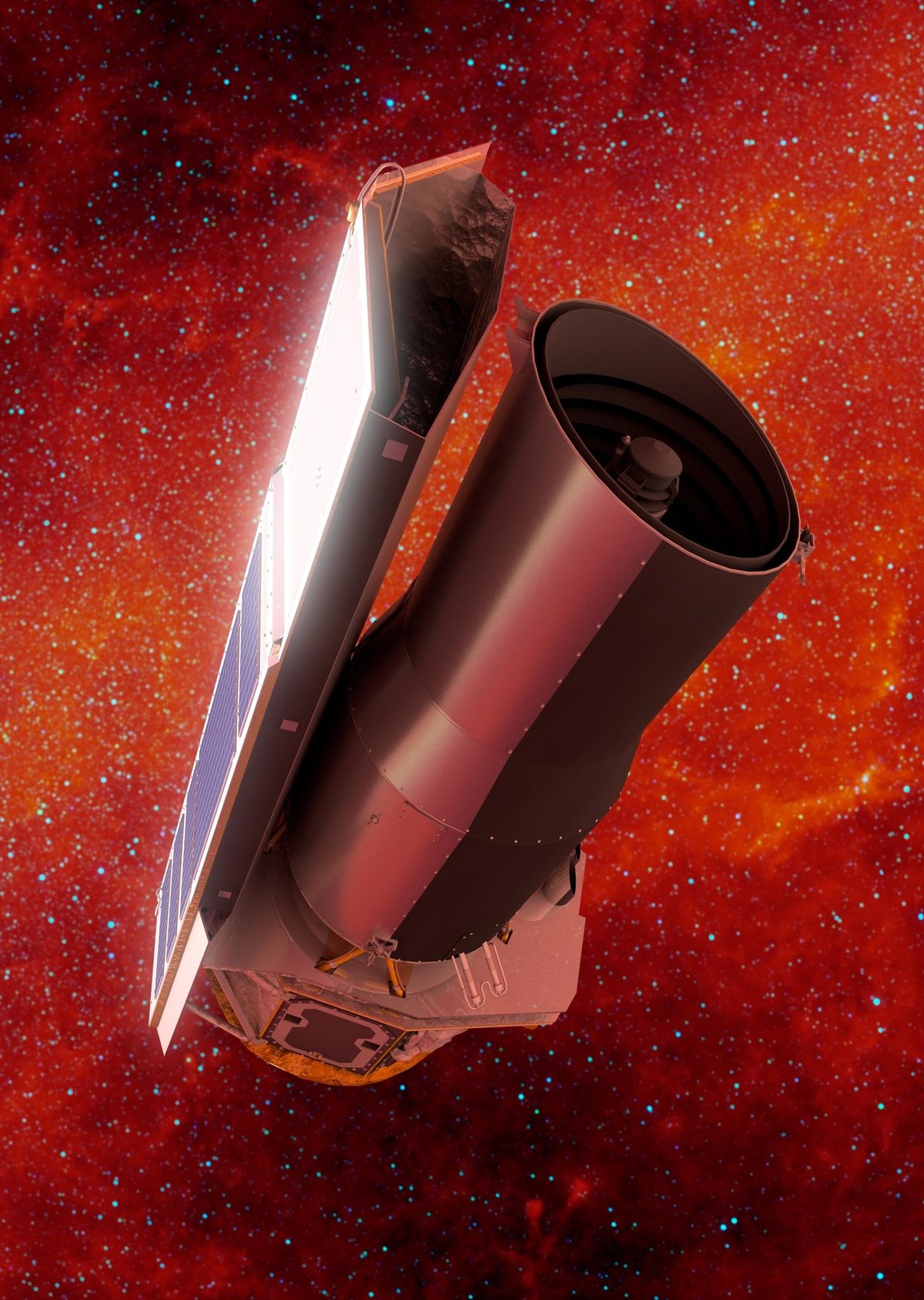 In this artist's rendering of NASA's Spitzer Space Telescope in space, the background is shown in infrared light.