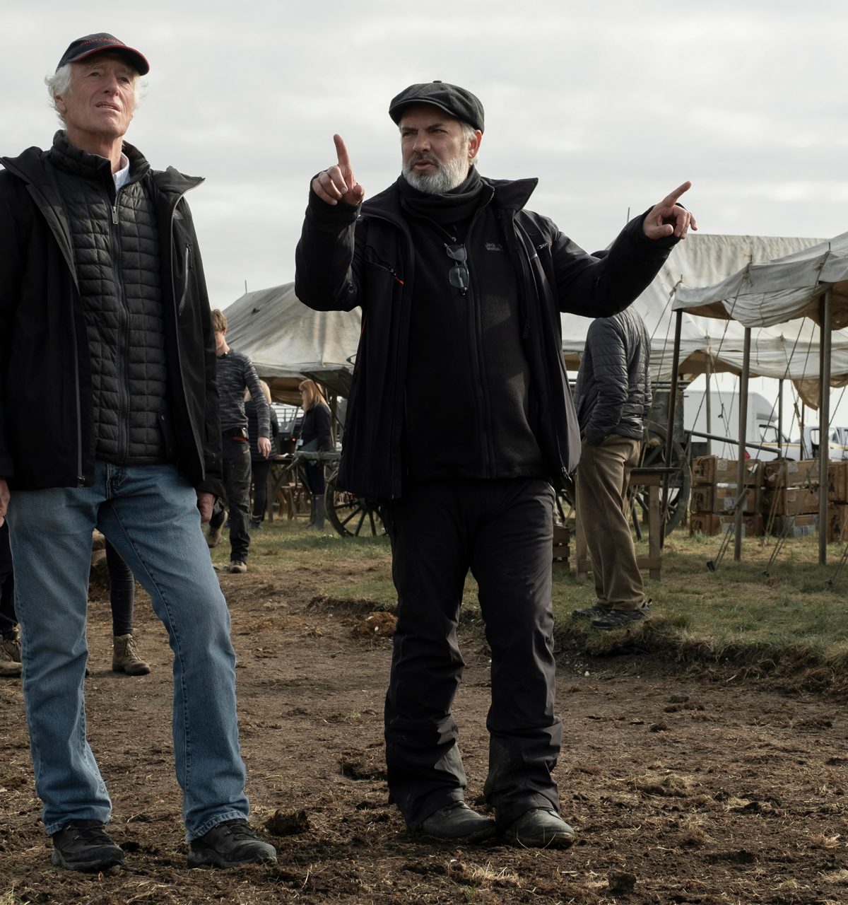 Director of photography Roger Deakins (left) and director Sam Mendes on the set of 1917.