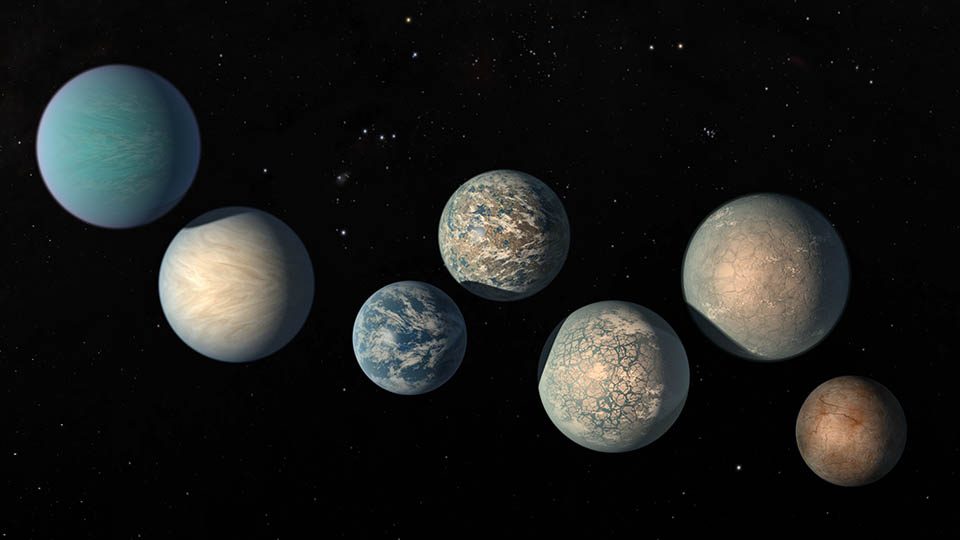 This illustration depicts the seven Earth-size planets of TRAPPIST-1, showing the planets relative sizes but does not represent their orbits to scale.