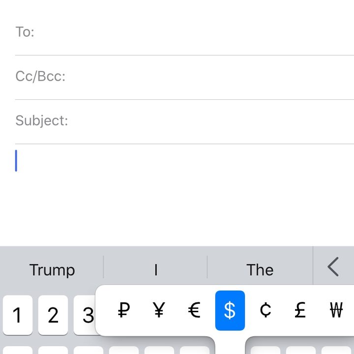 Tap and hold for alternates in iOS 13 and 14. moeny symbols.