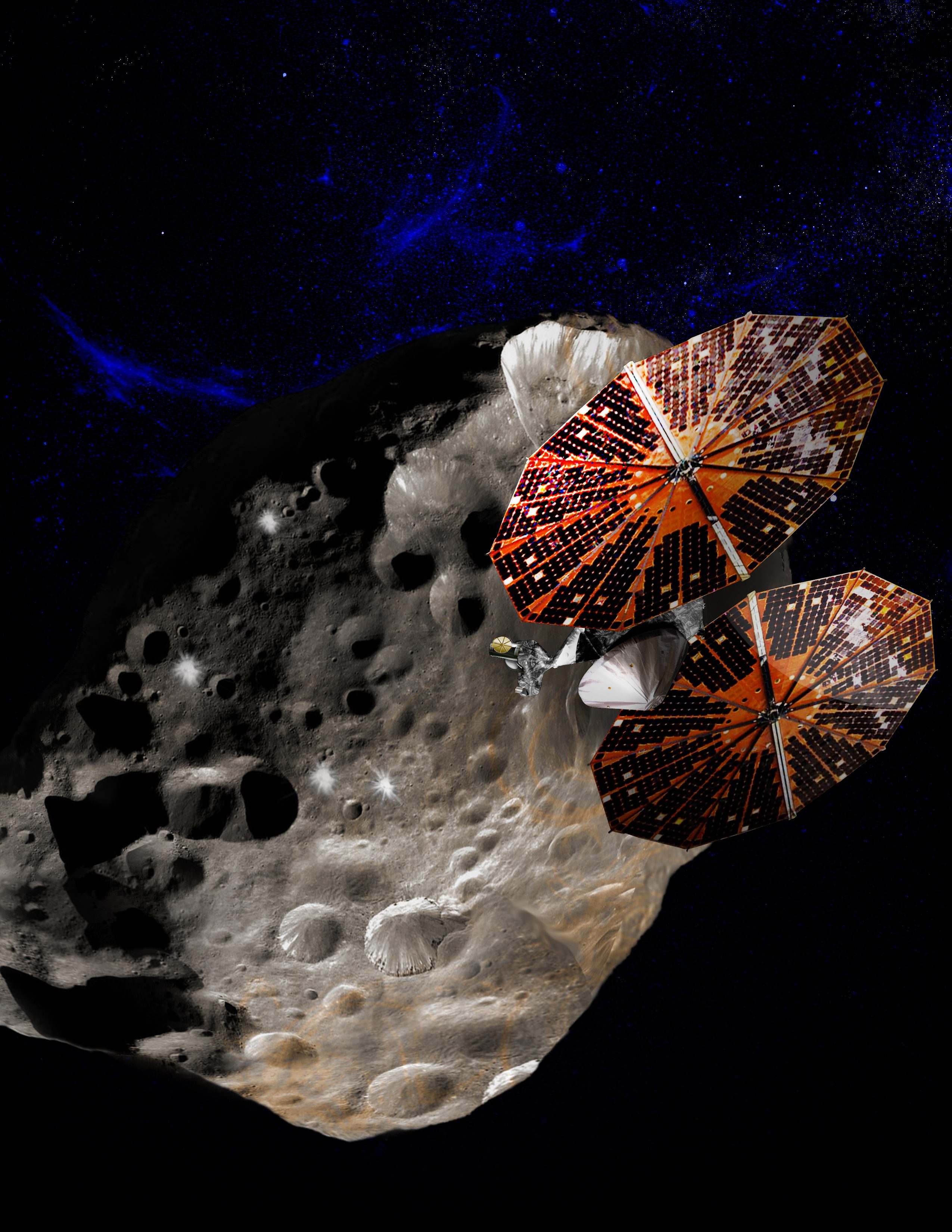 This artist’s concept shows one of now eight objects NASA’s Lucy spacecraft will fly by during its 12-year, 4-billion-mile journey. The SwRI-led mission recently discovered that one of the Trojan asteroids orbiting in tandem with Jupiter has a small satellite.
