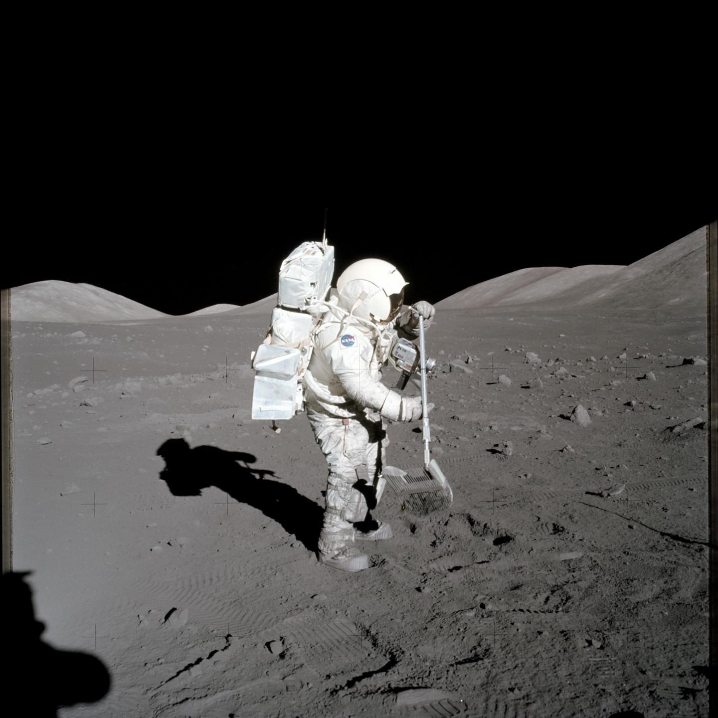 Apollo 17 astronaut and geologist Harrison Schmitt in 1972 collecting samples of lunar soil that would later be used in this study.