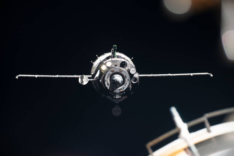 The Soyuz MS-13 crew spacecraft approaching the International Space Station