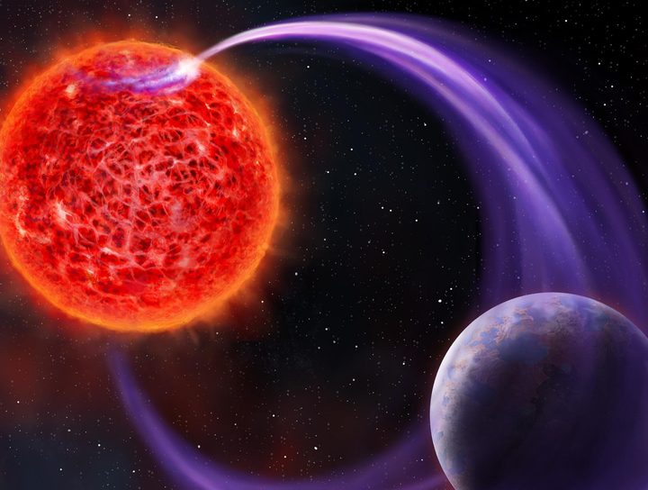 Artist impression of a red-dwarf star’s magnetic interaction with its exoplanet.