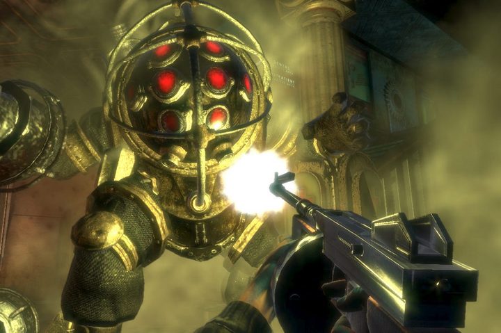 A BioShock player shooting at a Big Daddy.