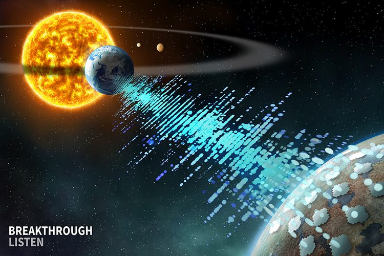 Artist’s concept of a nearby civilization signaling Earth after observing our planet crossing in front of the sun. Astronomers have now scanned 20 nearby stars in the Earth transit zone in search of such signals.