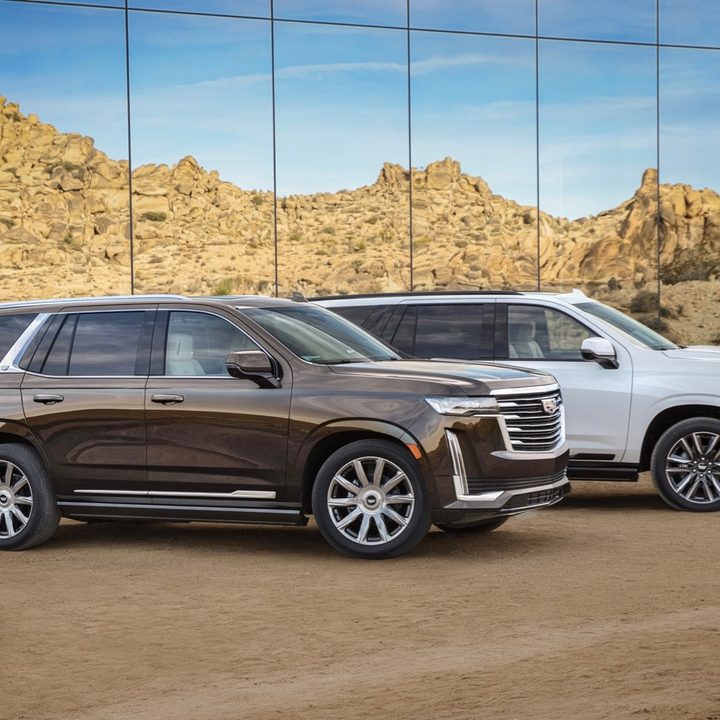 two 2021 Cadillac Escalades in profile.