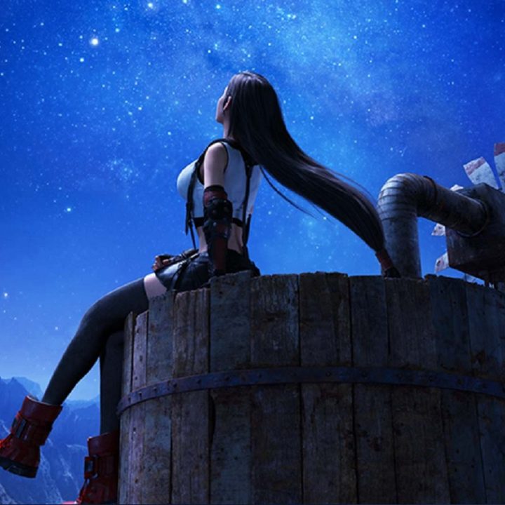 Tifa sits on a watertower in Final Fantasy VII Remake.