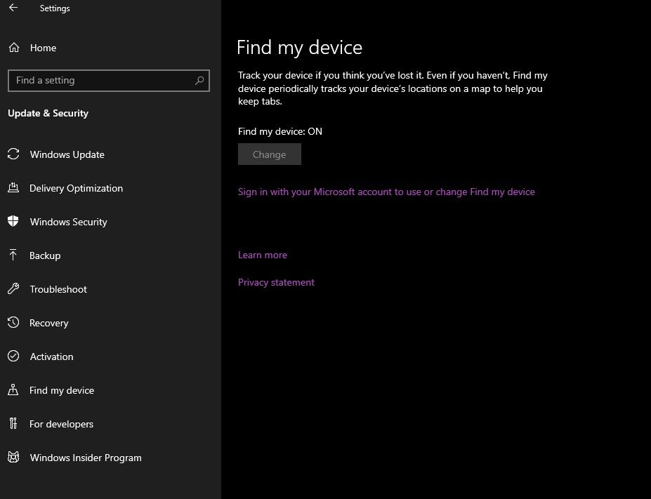 Windows Find My Device setting in Windows 10 screenshot