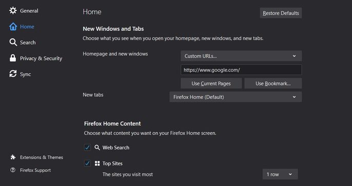 Firefox homepage options screenshot