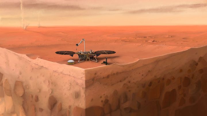 Mars Mission In this artist's concept of NASA's InSight lander on Mars, layers of the planet's subsurface can be seen below and dust devils can be seen in the background.