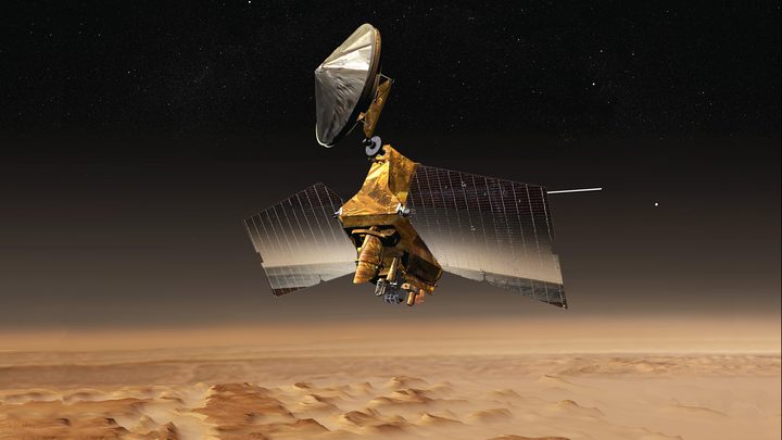 This artist's concept shows NASA's Mars Reconnaissance Orbiter over the red planet.