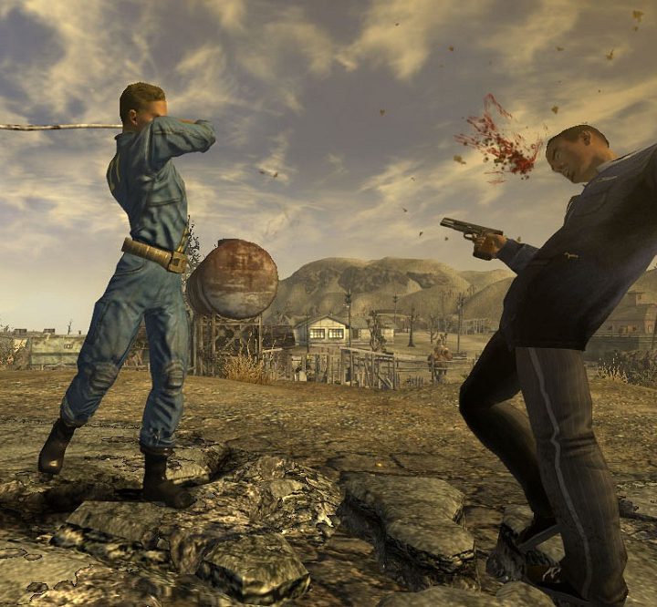 A vault dweller hitting a gangster with a golf club.