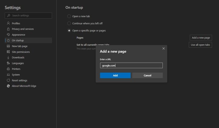 Microsoft Edge On startup option screenshot
